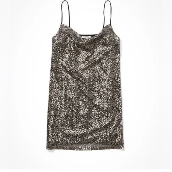 New American Eagle Sequin spaghetti strap lined mini dress size XS silver/black - Picture 3 of 7